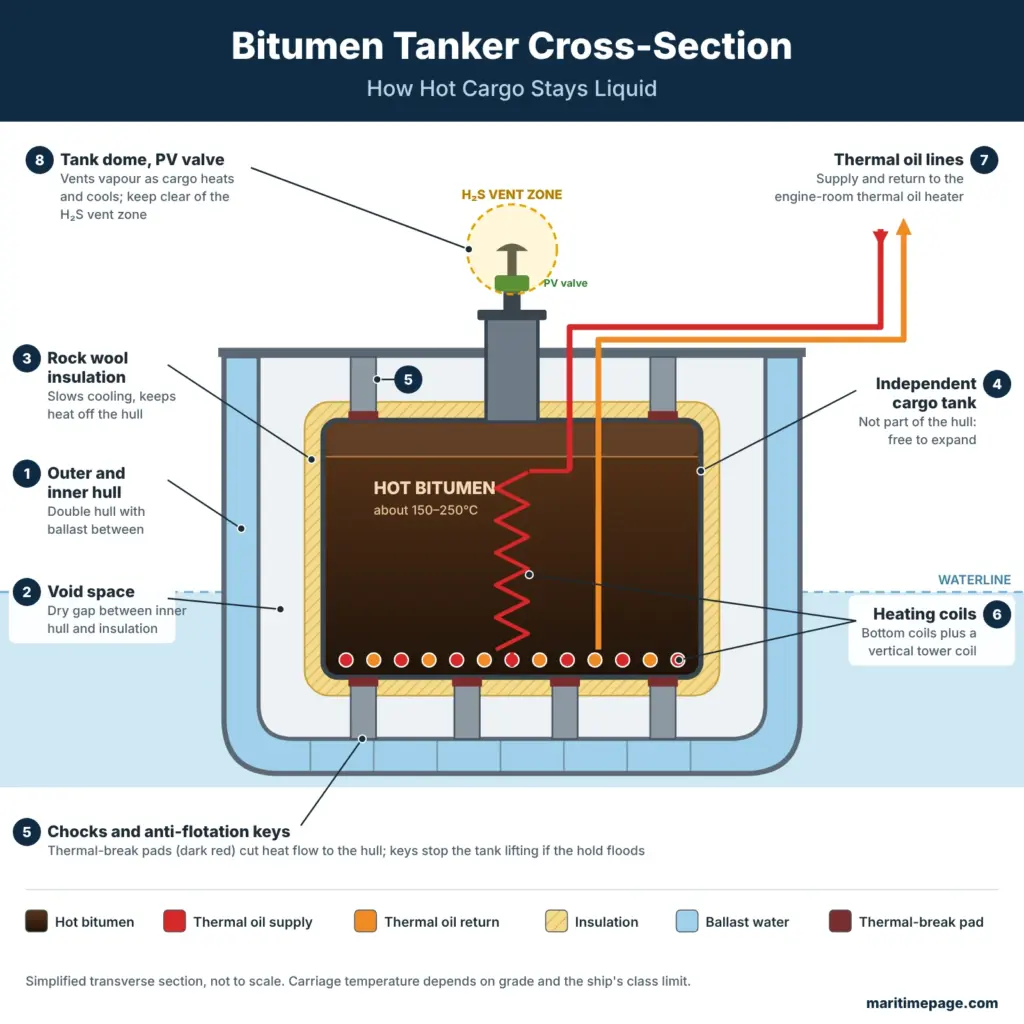 Cross-section of a bitumen tanker showing the double hull, void space, rock wool insulation, independent cargo tank on chocks with thermal-break pads, heating coils, thermal oil lines and PV valve with H₂S vent zone.