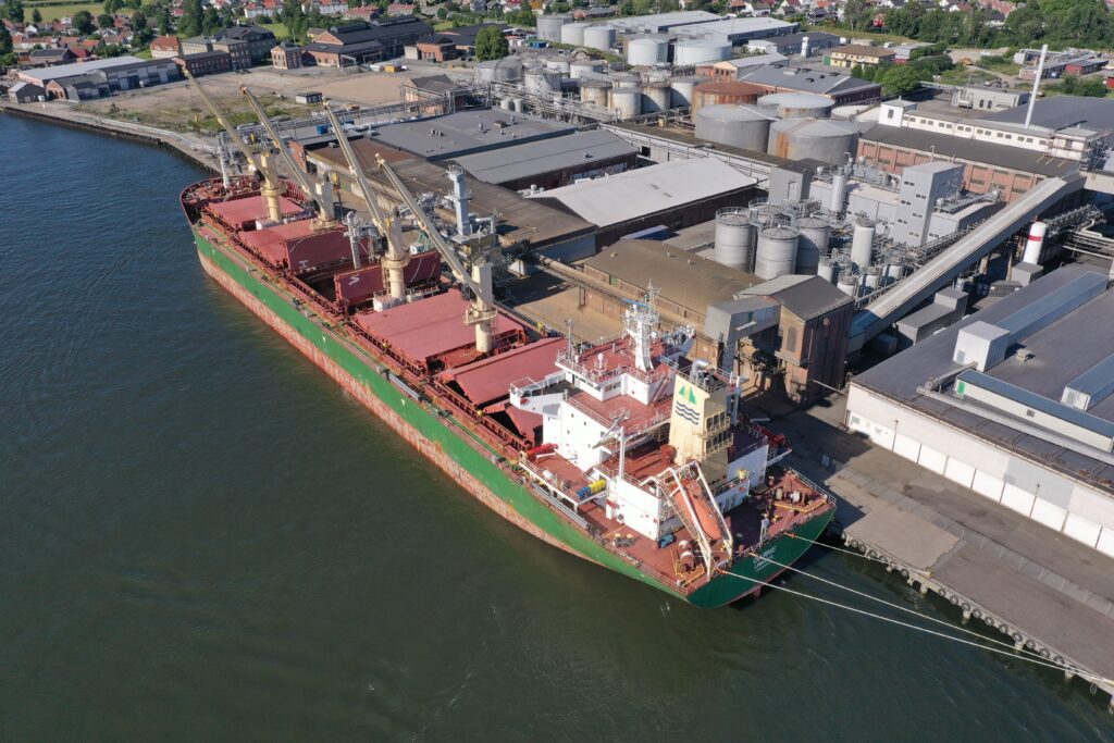 Handysize dry bulk carrier in port