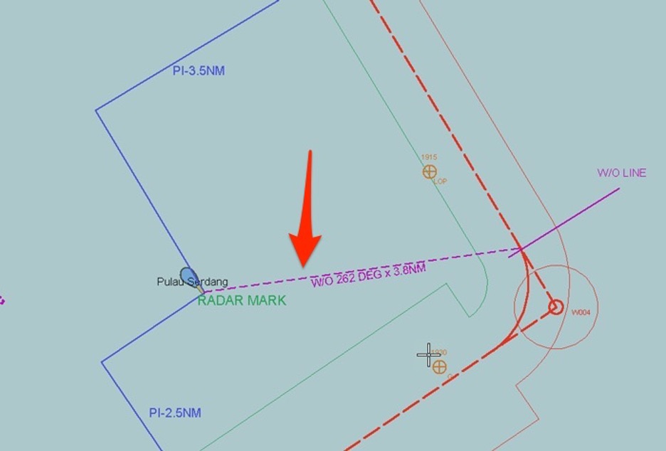 ECDIS Chart with Wheel Over Position marked and Defined