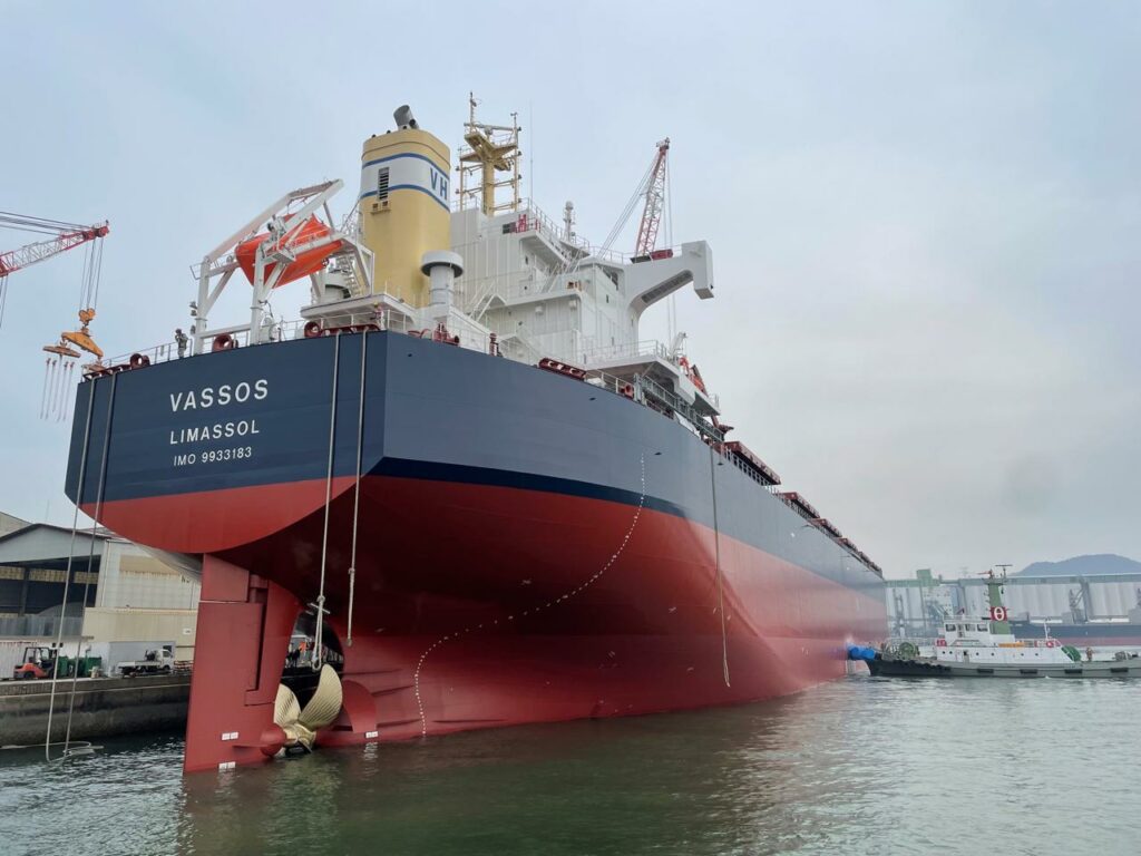 MV Vassos at a shipyard at the final stage of shipbuilding process