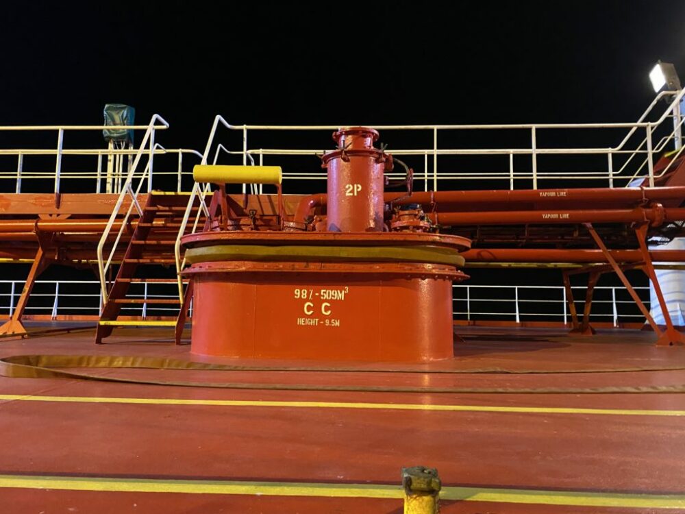 cargo hank access on the deck of bitumen tanker