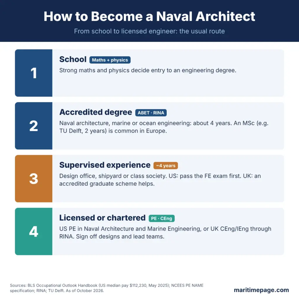 How to become a naval architect in four steps: school maths and physics, an accredited degree, about four years of supervised experience, then a US PE licence or UK Chartered Engineer status