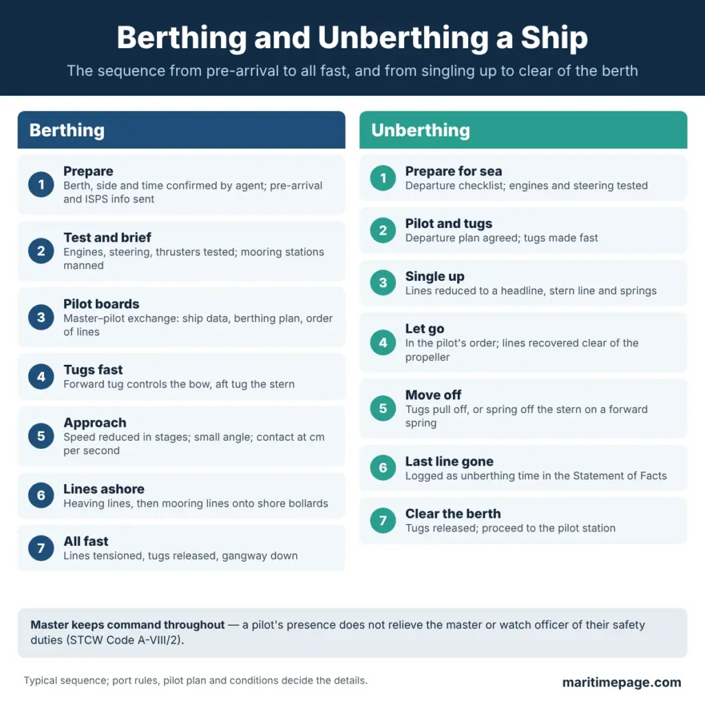 Berthing and unberthing a ship, seven-step sequence for each from pre-arrival to all fast and from singling up to clear of the berth