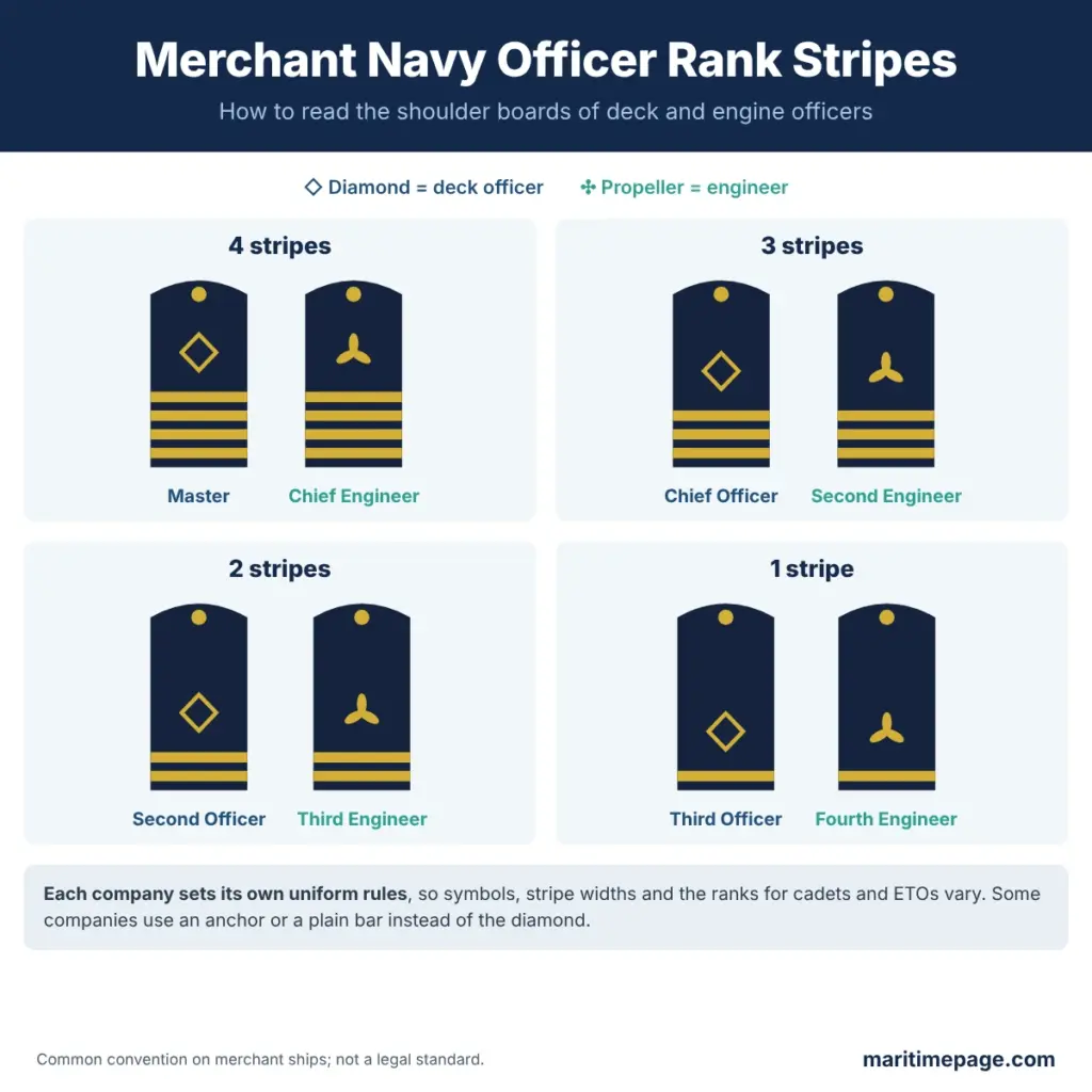 Shipboard Organizational Chart and Ranks on Merchant Navy Ships 5 Merchant navy officer rank stripes on shoulder boards for deck officers and engineers, from four stripes to one