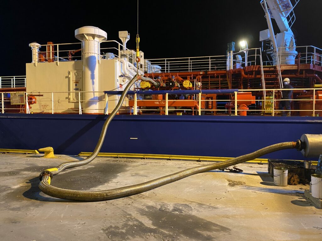steel armed hose and oil spill drill onboard