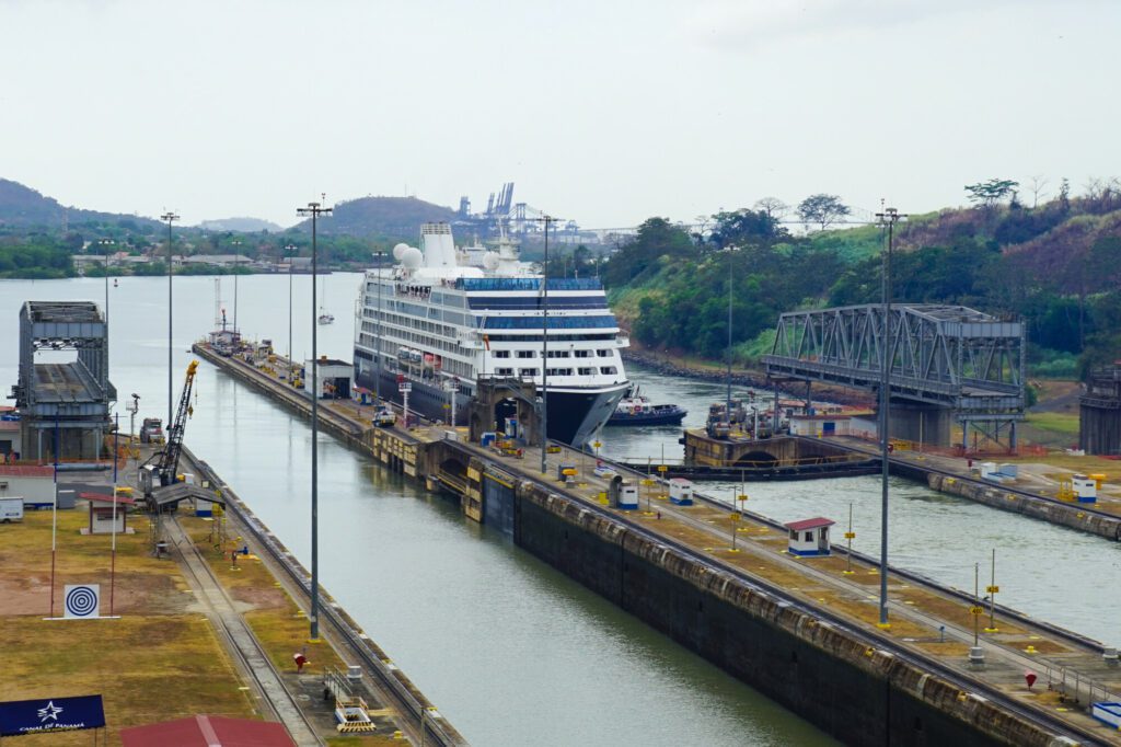 Miraflores Locks In Panama Canal. Cruise ship entering locks to up into the lake.