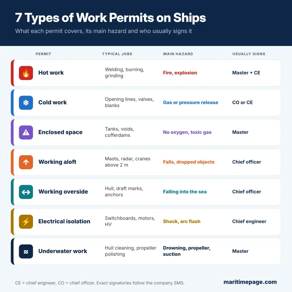 Seven types of work permits on ships: hot work, cold work, enclosed space, working aloft, working overside, electrical isolation and underwater work, with hazards and signatories