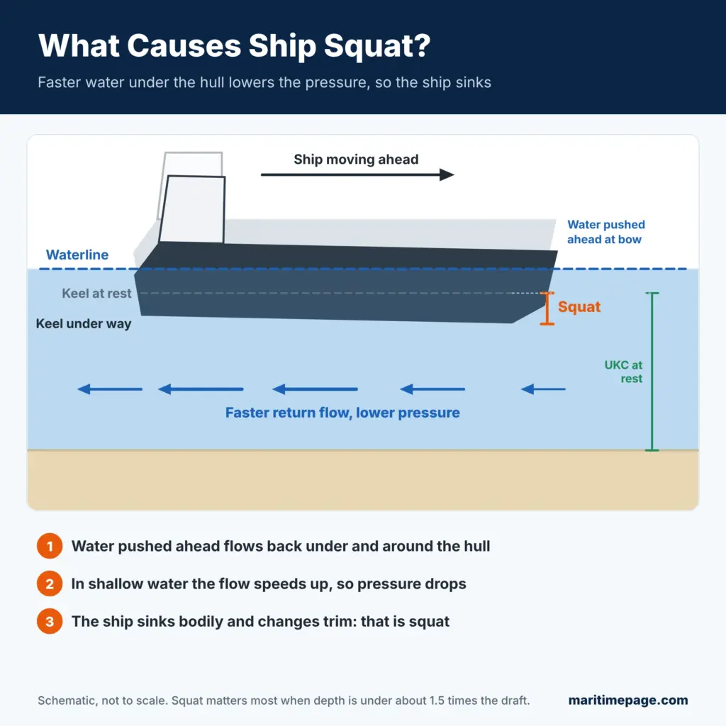 Diagram of a ship moving ahead in shallow water, with faster return flow under the hull lowering the keel below its at-rest position and reducing under-keel clearance