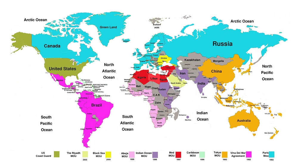 World Wide Memorandum of Understanding (MoU) on Port State Control. Map by the Mediterranean MOU