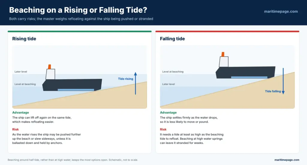 Beaching a Ship: Emergency Procedure and Ship Recycling 3 Beaching on a rising tide vs a falling tide: a rising tide makes refloating easier but the ship may be pushed up the beach; a falling tide settles the ship firmly but needs an equal or higher tide to refloat
