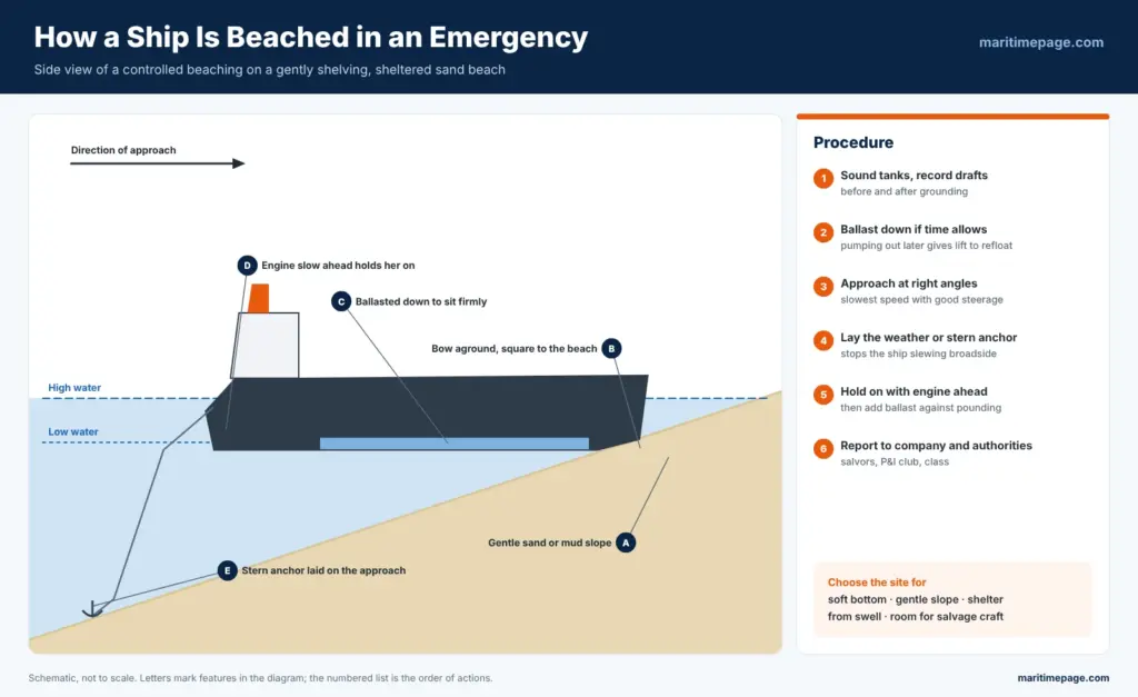 Beaching a Ship: Emergency Procedure and Ship Recycling 2 Emergency ship beaching procedure: side view of a ship grounded bow-first, square to a gently sloping sand beach, ballasted down, held on with the engine and a stern anchor, with the six steps in order