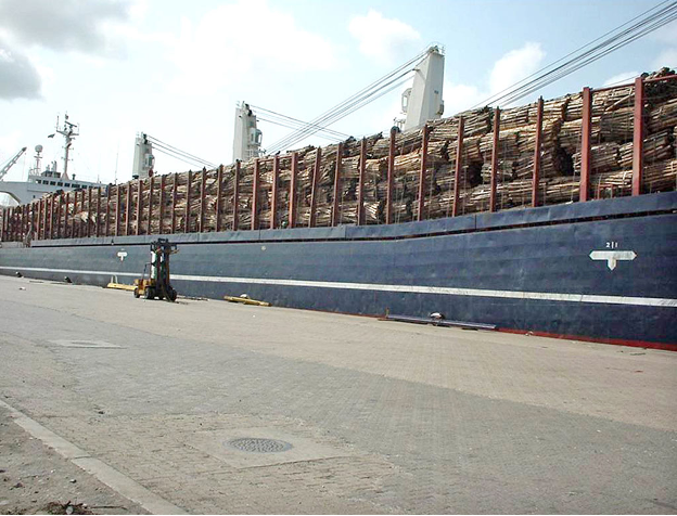 Ship with full deck timber cargo
