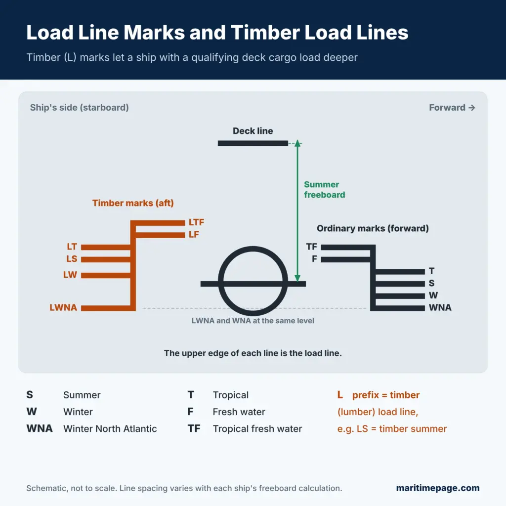 What Is the Load Line Convention? Freeboard and Marks Guide 1 Load line marks on a ship's side showing the deck line, disc, ordinary marks TF F T S W WNA forward and timber marks LTF LF LT LS LW LWNA aft