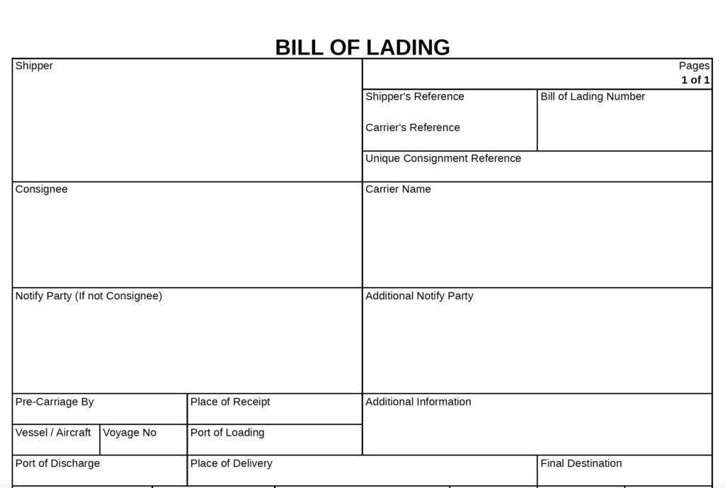 Example of a template of the Bill of Lading