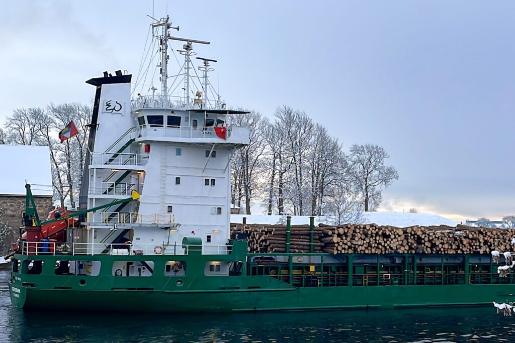 Timber cargo stowed on hatch cover of mini bulker