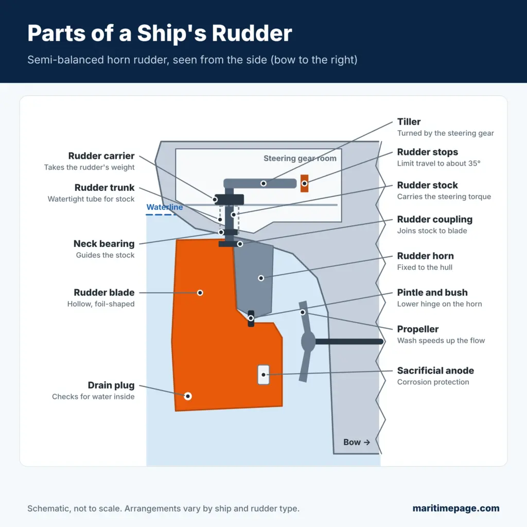 Labelled diagram of a semi-balanced horn rudder showing the rudder blade, stock, carrier, trunk, neck bearing, coupling, horn, pintle, tiller, rudder stops and anode
