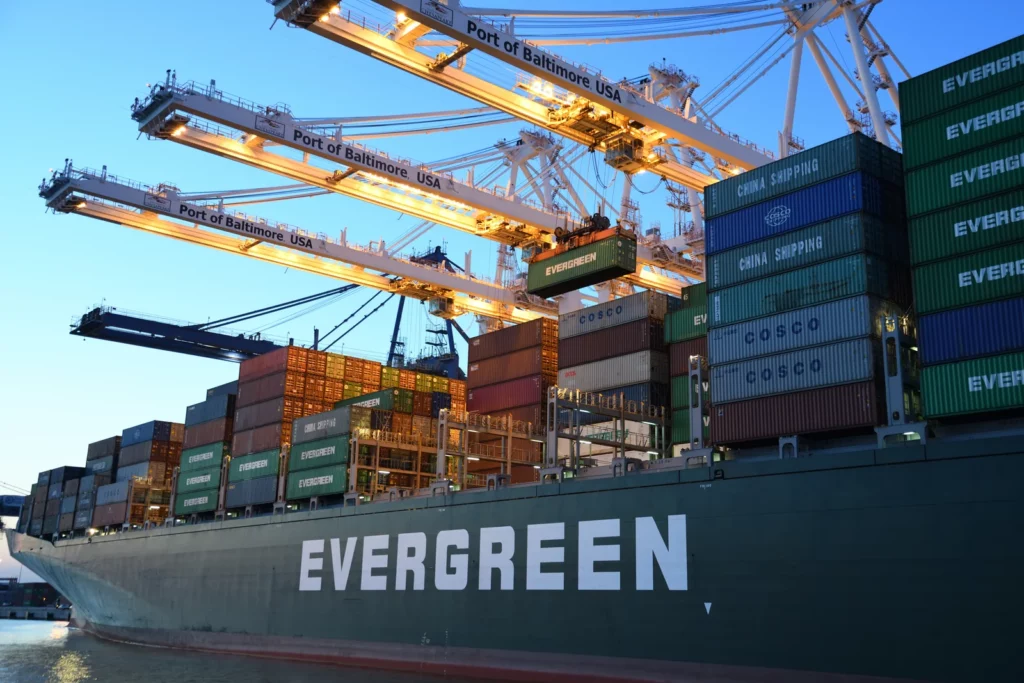Evergreen Ship Weighs - One of the Evergreen fleet Container ships in port of Baltimore discharging and loading containers