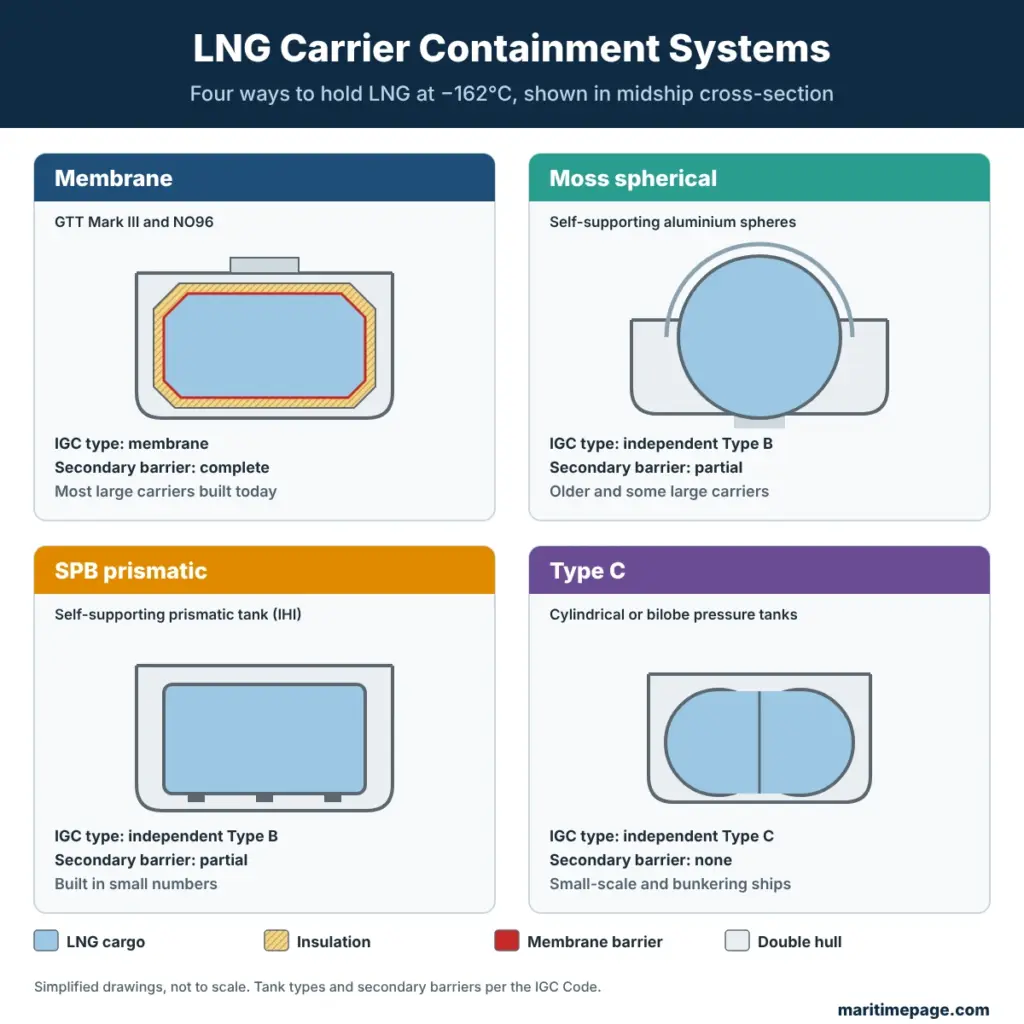 LNG carrier containment systems in cross-section: membrane, Moss spherical, SPB prismatic and Type C tanks, with IGC tank type and secondary barrier for each