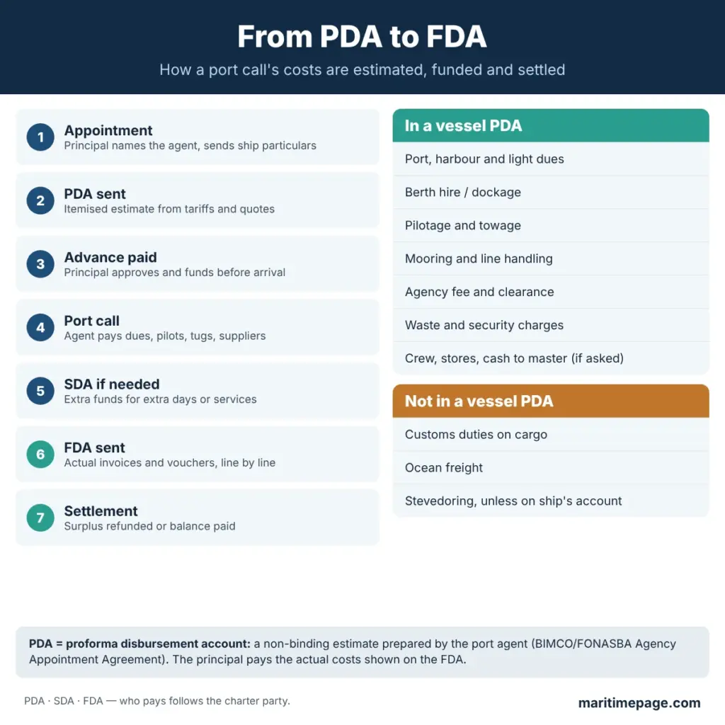 PDA to FDA process in shipping from agent appointment to final settlement, with what a PDA contains and what it leaves out