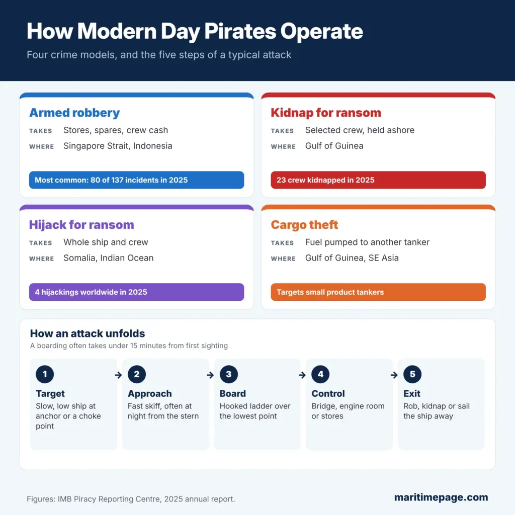 How modern day pirates operate: armed robbery, kidnap for ransom, hijack and cargo theft by region, and the five steps of a pirate attack