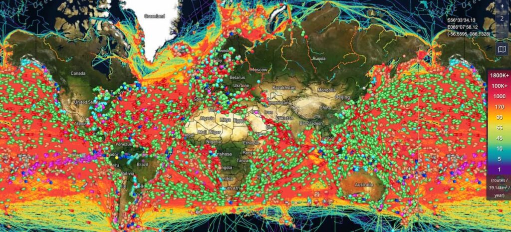 Major Maritime Shipping Routes Density Map by Marine Traffic