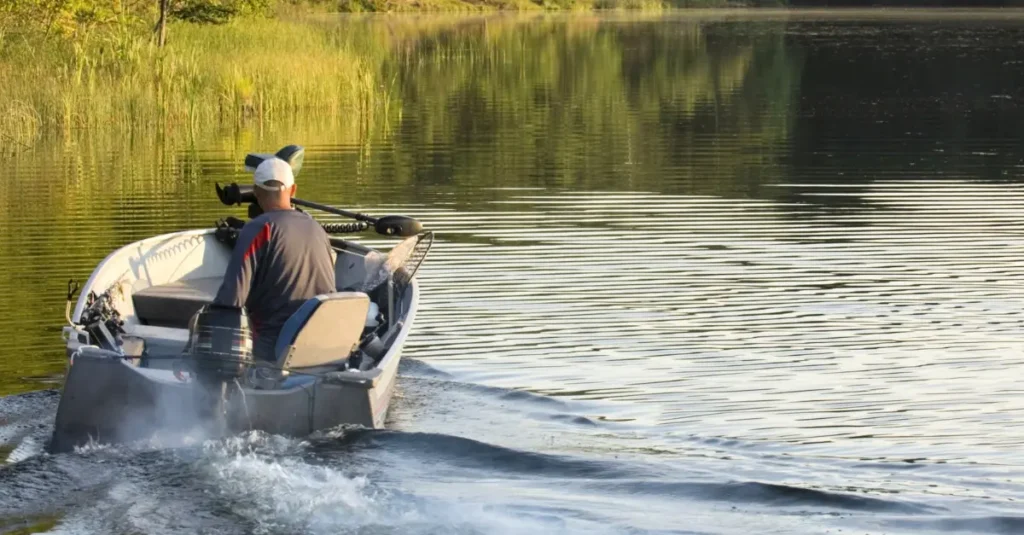 Fisherman on the boat equipped with outboard and trolling motors