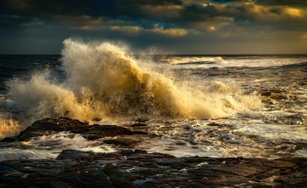 waves splashing at rocks during Spring Tide