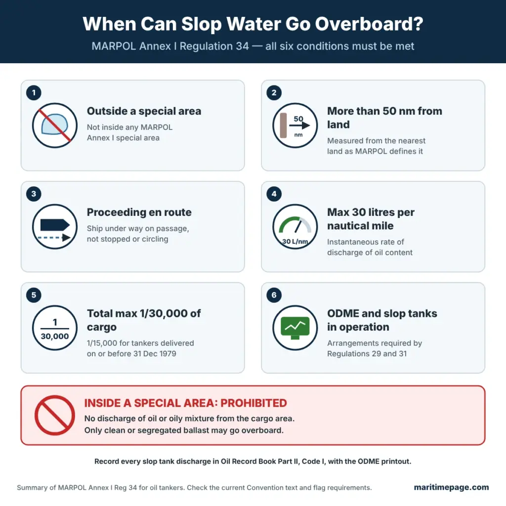 Slop Tank: What It Is and How It Works on Oil Tankers 3 MARPOL Annex I Regulation 34 six conditions for discharging slop tank water at sea, and the special area prohibition.