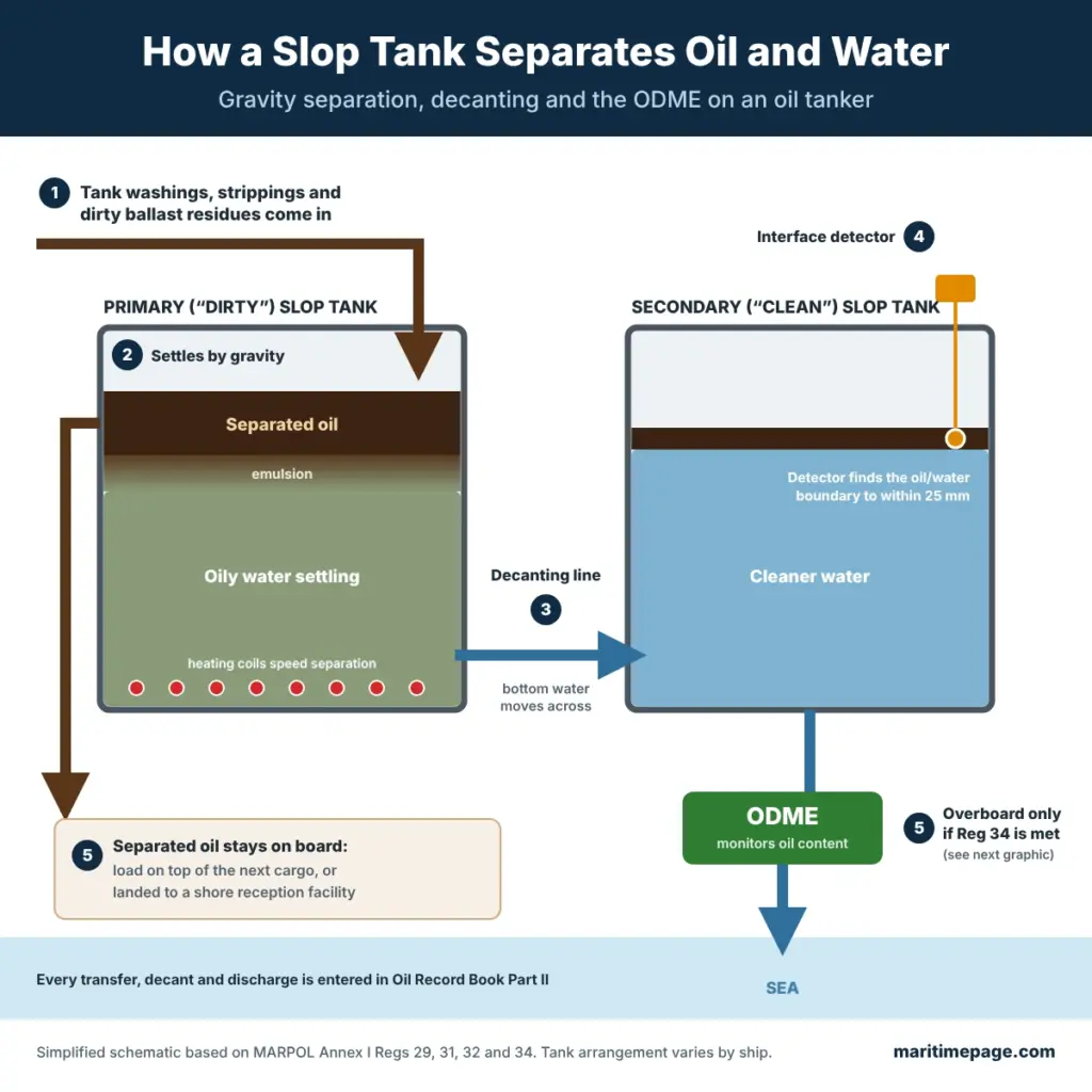 Slop Tank: What It Is and How It Works on Oil Tankers 2 Diagram of primary and secondary slop tanks showing oil and water separation, decanting line, interface detector and ODME overboard discharge.
