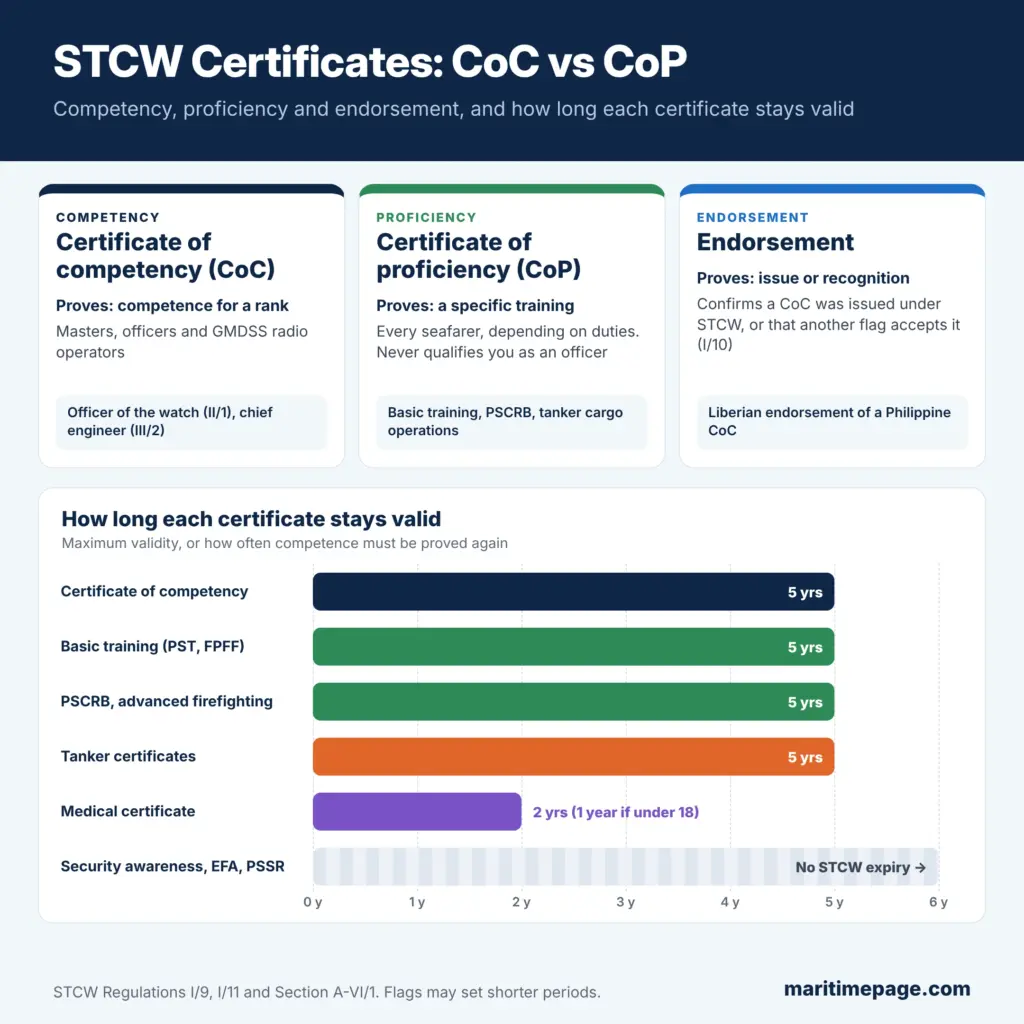 STCW certificates compared: certificate of competency, certificate of proficiency and endorsement, with validity periods for each certificate