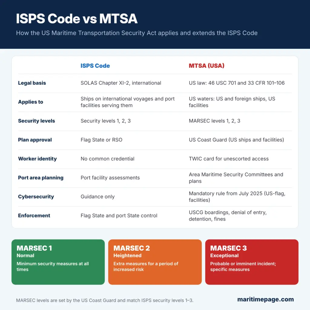 What Is the Maritime Transportation Security Act (MTSA)? 2 ISPS Code vs MTSA comparison of legal basis, plan approval, TWIC, cybersecurity and enforcement, with MARSEC levels 1 to 3