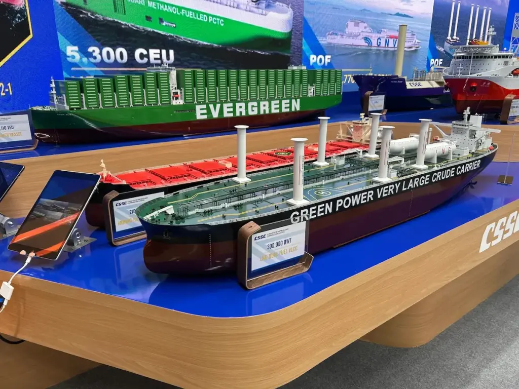 Scale model of a 300,000 DWT LNG dual-fuel VLCC with rotor sails on the China State Shipbuilding Corporation (CSSC) stand at Nor-Shipping 2025