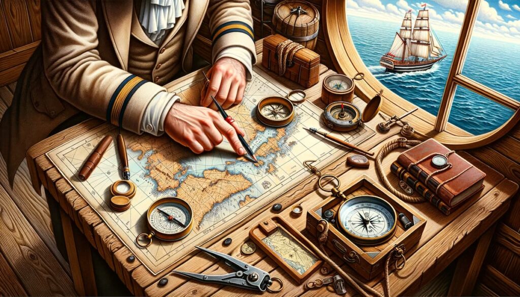 Illustration of a sailor mastering seamanship skills using a traditional compass and a map on a wooden table, with navigation tools scattered around and a porthole showing the sea.