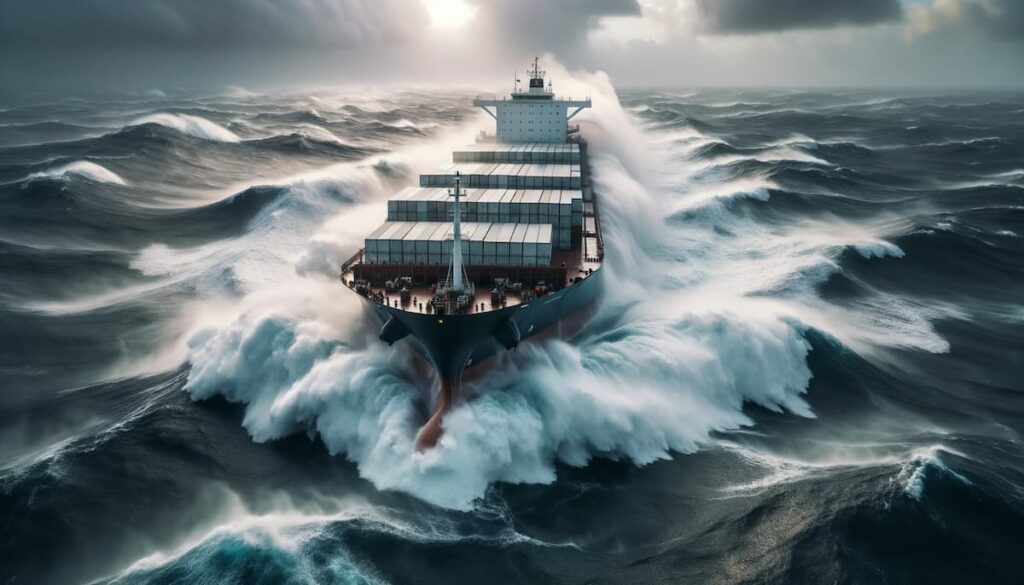 Photo of a large modern cargo ship navigating through tumultuous waves in the open ocean, with the crew ensuring the safety of the vessel and its cargo.