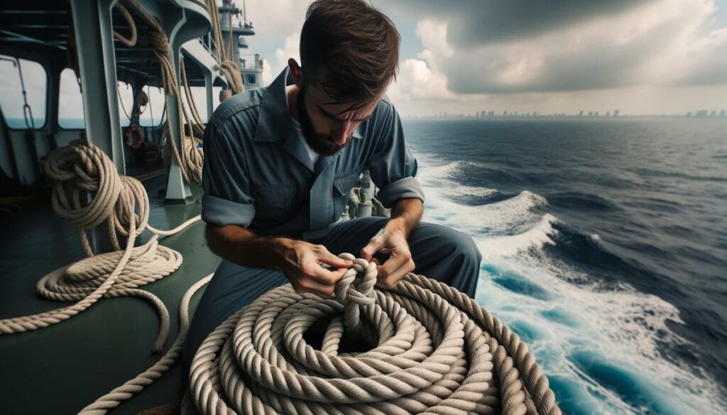 Photo of a sailor in the midst of tying a complex knot on a thick rope aboard a ship, with the vast ocean in the background