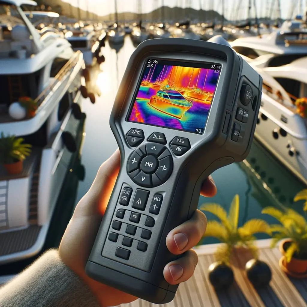 Image of a handheld infrared (IR) thermal camera being used for yacht inspection