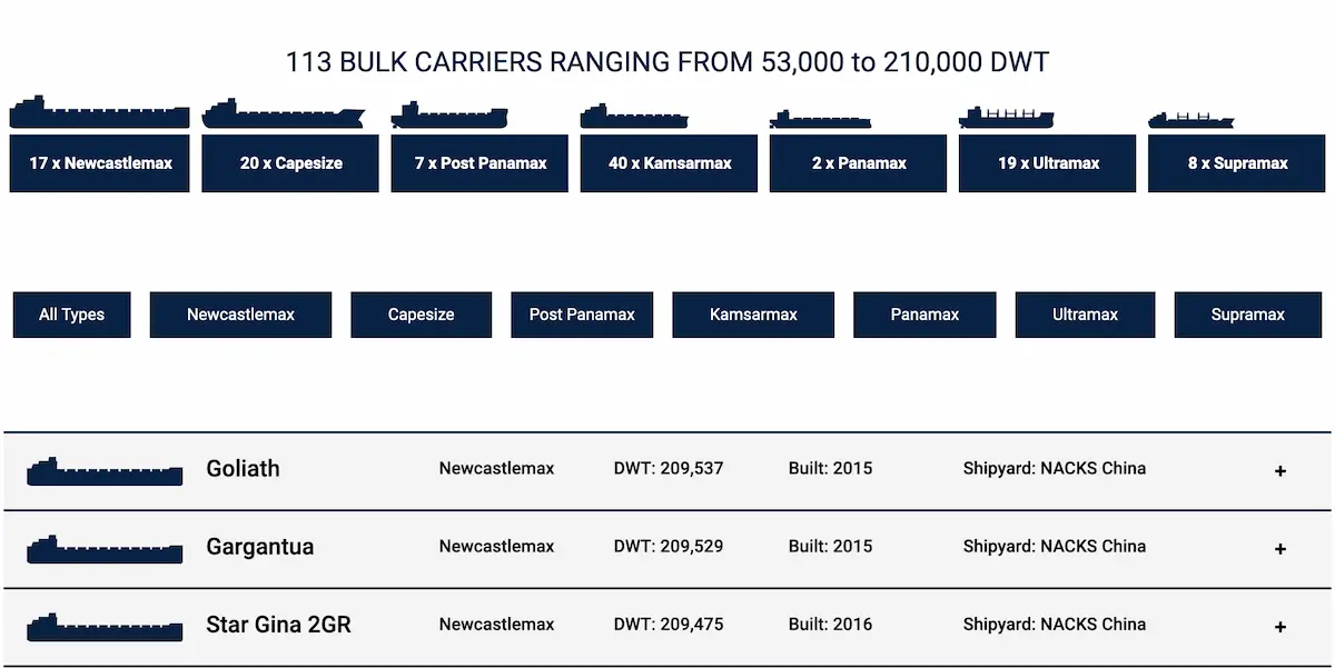 Summary of Star Bulk Carriers fleet headed by 3 Newcastlemax class bulkers over 209,000 DWT