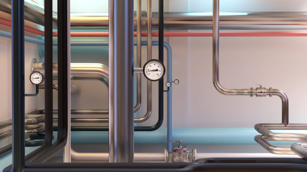 Section of many pipes of different colors with four visible pressure gauges and two valves.