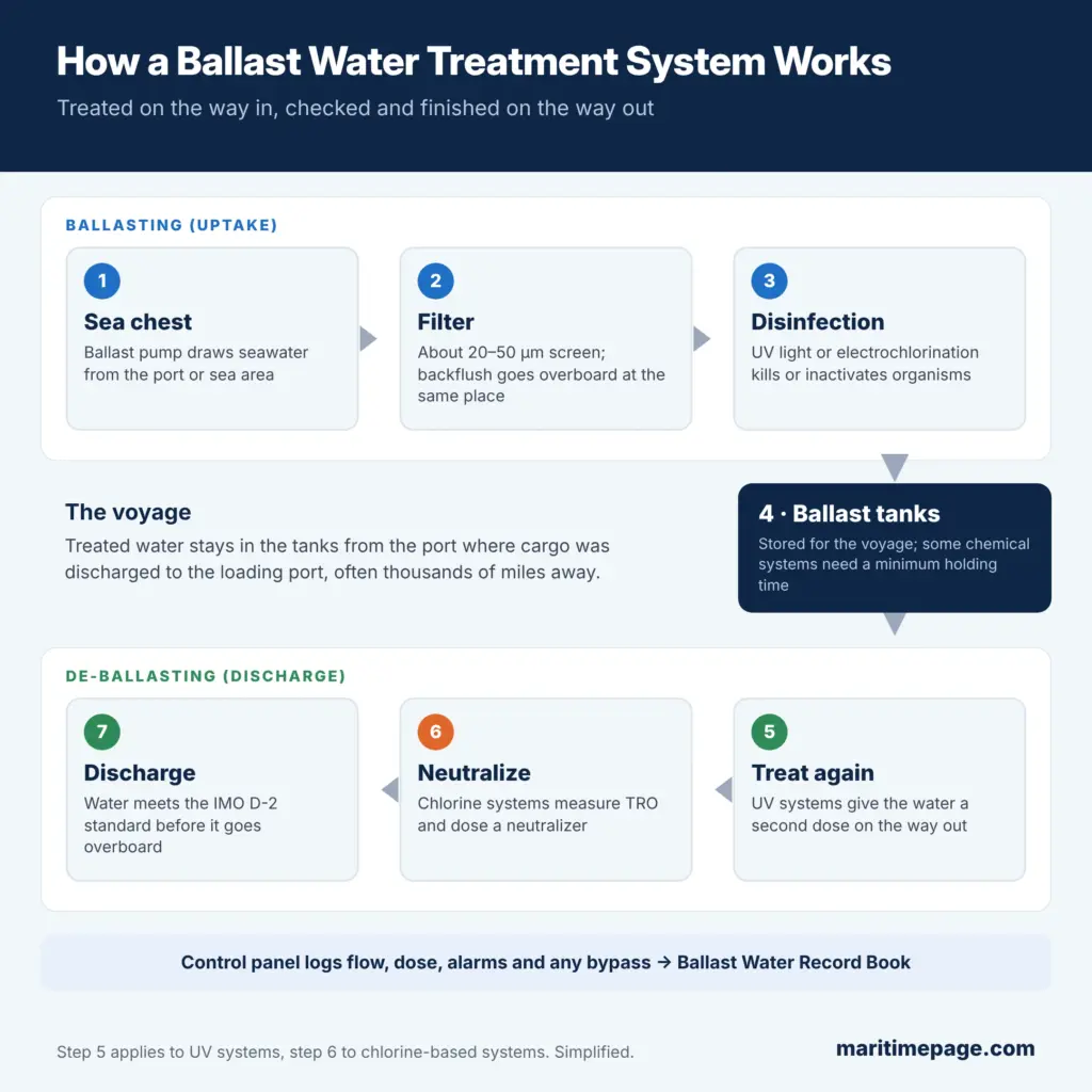 What is a Ballast Water Treatment System? 3 Ballast water treatment system process: uptake through sea chest, filter and UV or electrochlorination disinfection, storage in ballast tanks, then second UV dose or TRO neutralization before discharge to the IMO D-2 standard