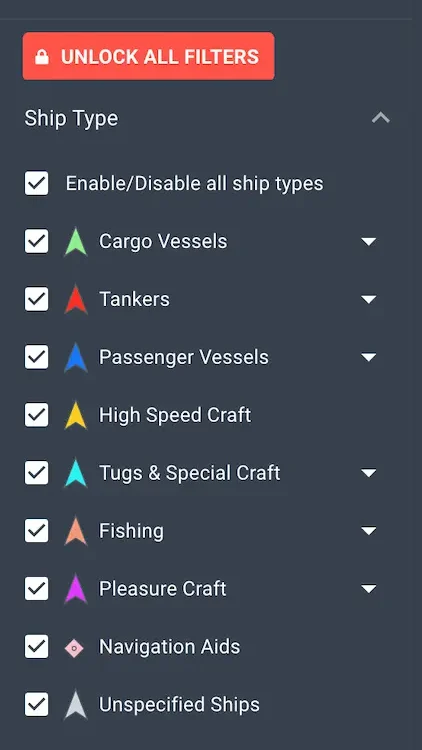 Color coding of vessel types on MarineTraffic