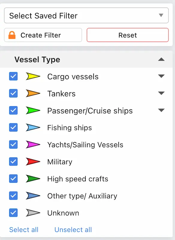 Color coding of vessel types on VesselFinder