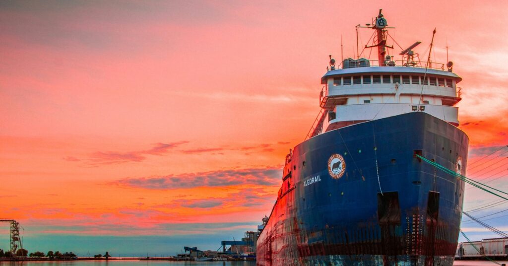 a cruise ship at sunset