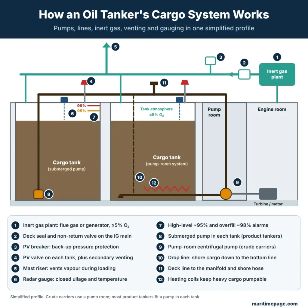 Oil tanker cargo handling system diagram showing submerged and pump-room cargo pumps, bottom, drop and deck lines, manifold, inert gas plant with deck seal, PV valves, PV breaker, mast riser, radar gauges and overfill alarms