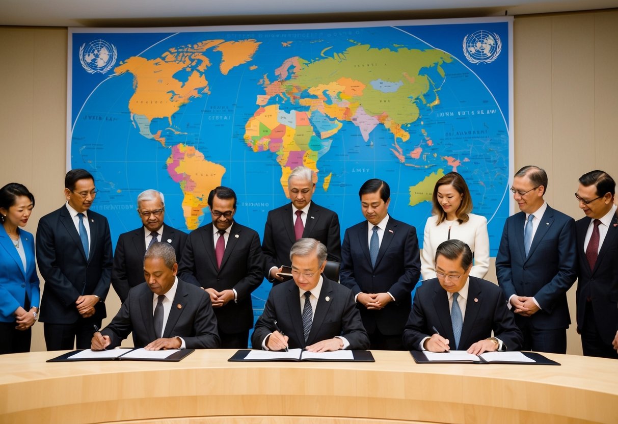 A group of diplomats from various countries signing the United Nations Convention on the Law of the Sea, with a large world map in the background