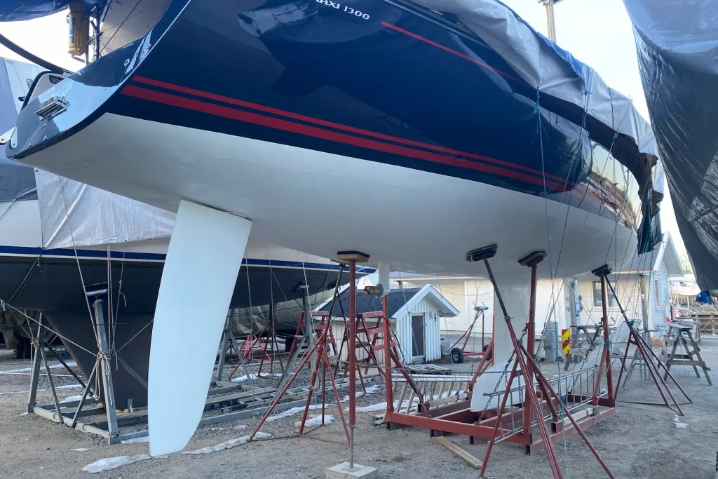 Boat hauled out on stands for inspection, Ohio marina