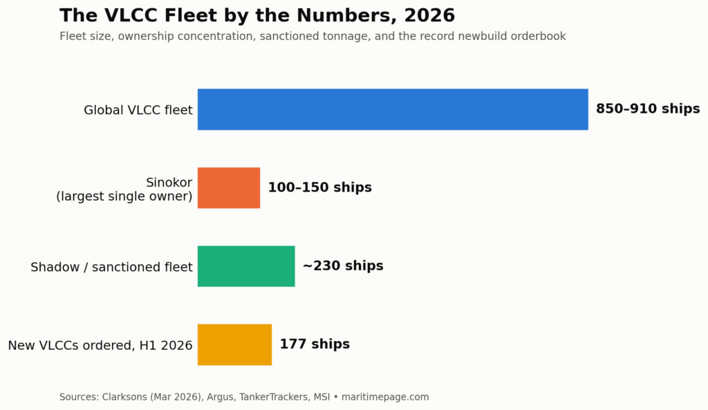 VLCC Meaning: Very Large Crude Carrier Specs, Owners, Rates 4 Infographic — fleet size, Sinokor's share, shadow fleet, orderbook