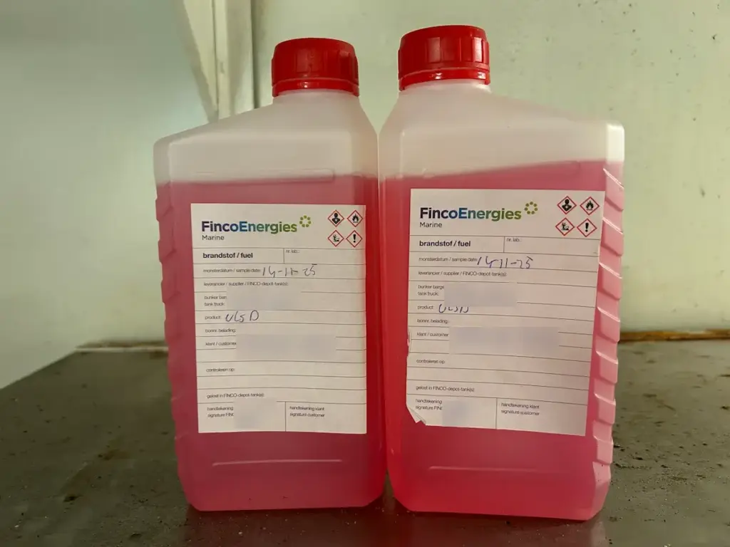 Two sealed MARPOL samples of ULSD from a bunker delivery, with supplier labels showing sample date and product, and vessel names blurred