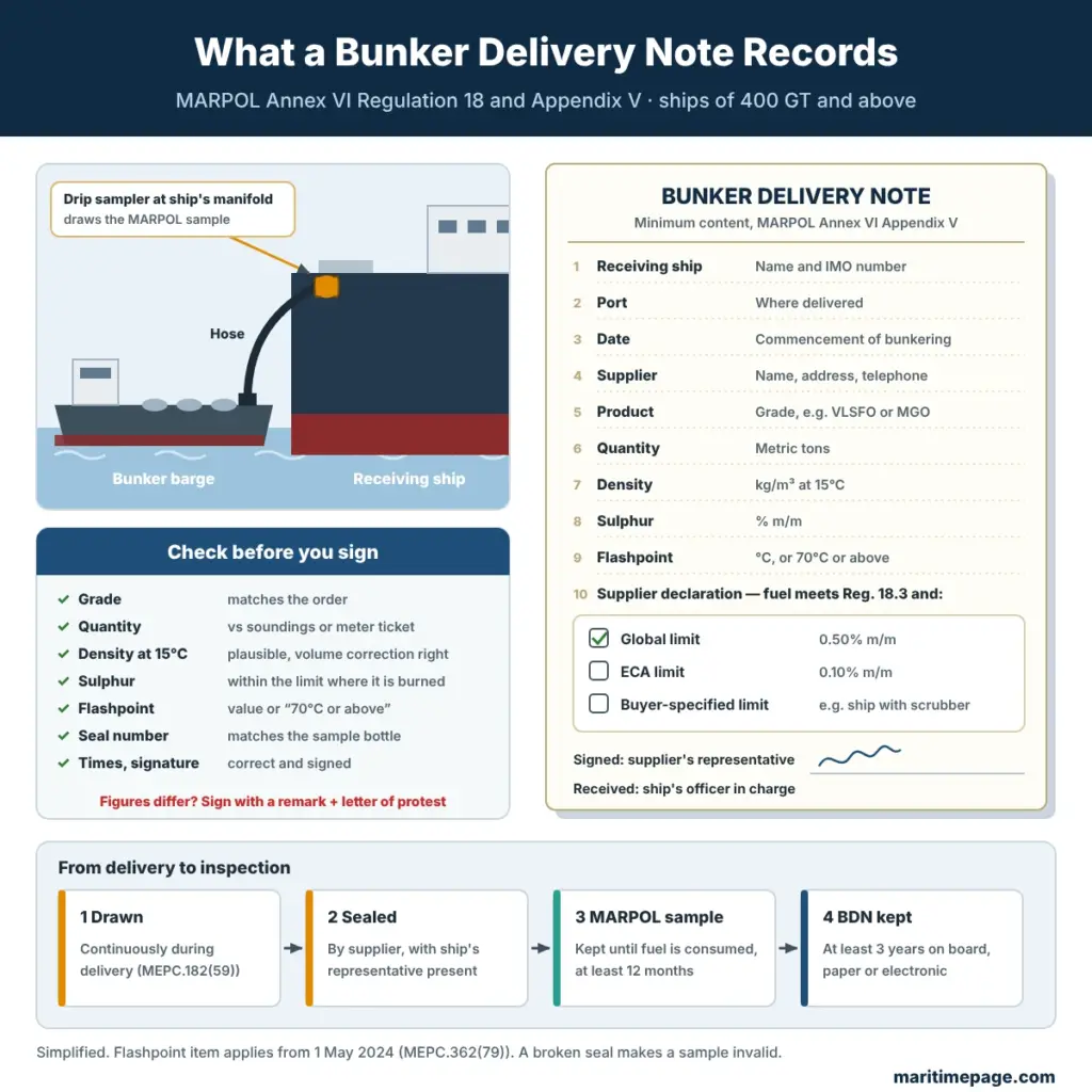 Bunker delivery note infographic: barge delivering fuel with a drip sampler at the ship’s manifold, the ten Appendix V items a BDN must show, checks before signing, and the MARPOL sample and BDN retention periods