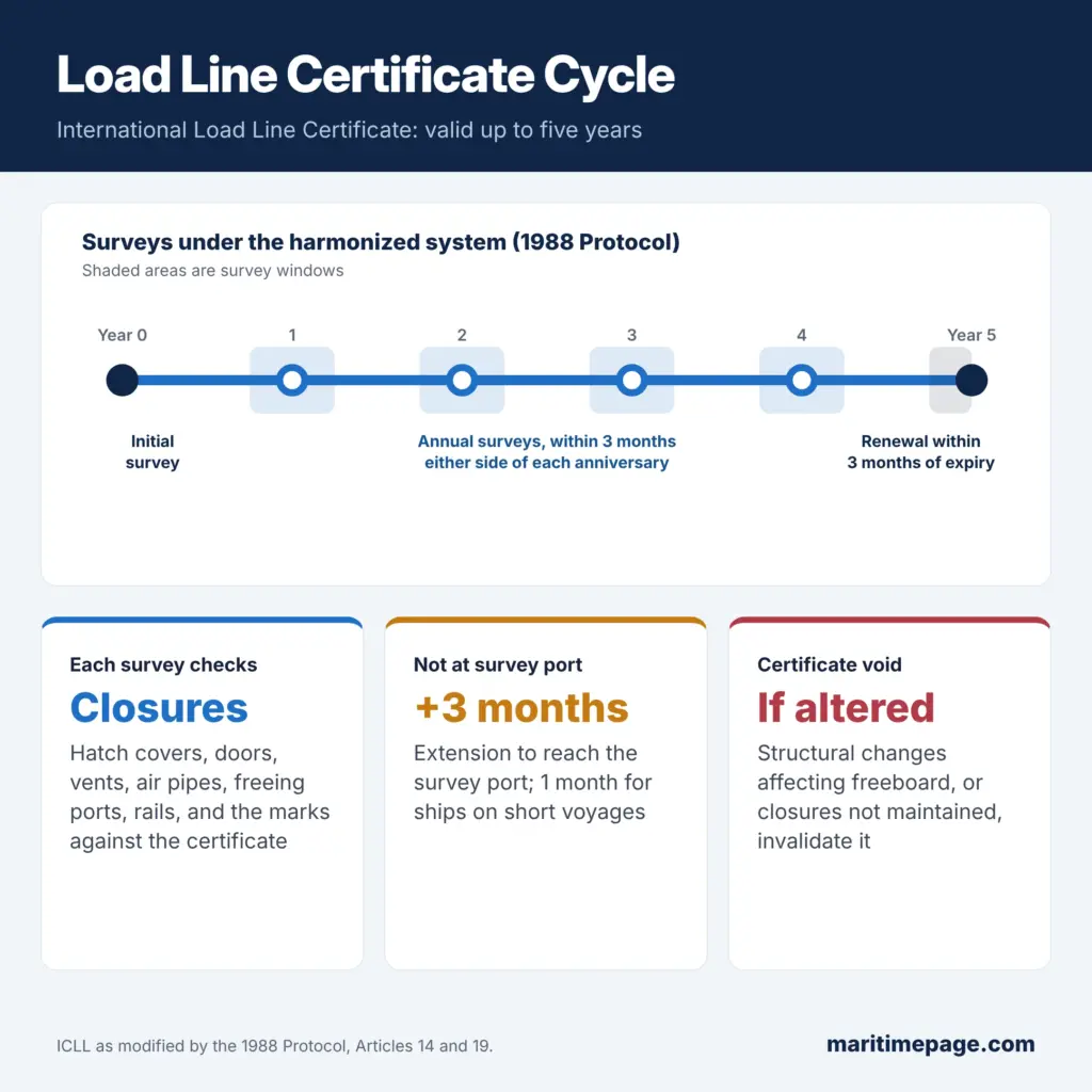 What Is the Load Line Convention? Freeboard and Marks Guide 3 International Load Line Certificate cycle: initial survey, annual surveys within three months of each anniversary, renewal survey within three months before expiry at five years, and extension options