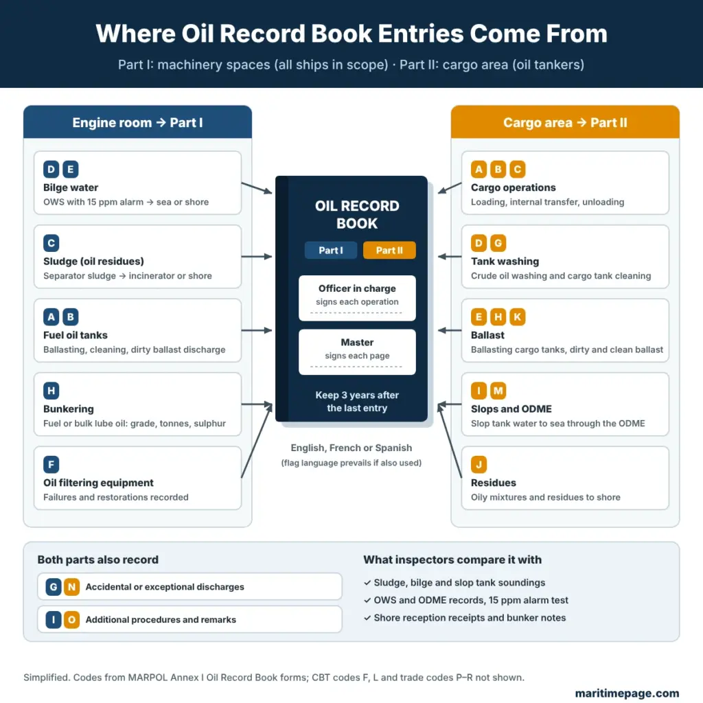 Where Oil Record Book entries come from: engine room operations recorded in Part I and tanker cargo area operations in Part II, with entry codes and signing rules